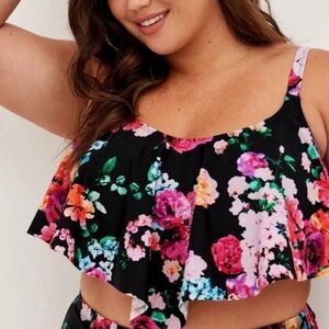 Torrid Black Floral Wireless V Flounce Bikini Top